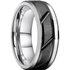 ***COI Tungsten Carbide Black Silver Diagonal Grooves Beveled Edges Ring-01538DD