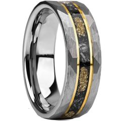 ***COI Tungsten Carbide Gold Tone Silver Meteorite & Gold Foil Faceted Ring-01542DD