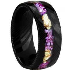 ***COI Black Tungsten Carbide Damascus Ring With Purple Amethyst & Gold Foil-01545DD