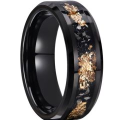 ***COI Black Tungsten Carbide Meteorite & Gold Foil Beveled Edges Ring-01547DD