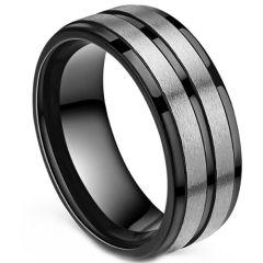 ***COI Tungsten Carbide Black Silver Center Groove Beveled Edges Ring-01550DD