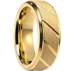***COI Gold Tone Tungsten Carbide Diagonal Grooves Sandblasted Step Edges Ring-01712DD