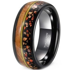 ***COI Tungsten Carbide Black Gold Tone Wire Ring With Koa Wood & Dinosaur Bone-01910DD