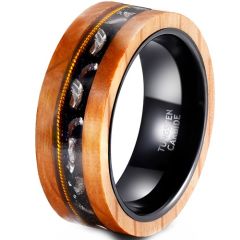***COI Tungsten Carbide Black Gold Tone Wire Ring With Koa Wood & Meteorite-01915DD
