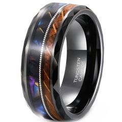 ***COI Tungsten Carbide Black Silver Wire Ring With Abalone Shell & Koa Wood-01917DD