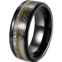 ***COI Tungsten Carbide Black Gold Tone Wire Ring With Deer Antler & Meteorite-01922DD
