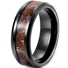 ***COI Black Tungsten Carbide Beveled Edges Ring With Koa Wood & Gold Foil-01924DD