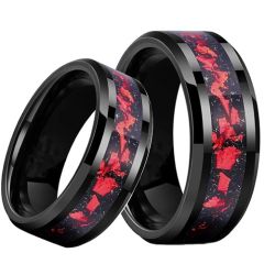 ***COI Black Tungsten Carbide Meteorite & Red Coral Beveled Edges Ring-01938DD