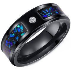 ****COI Black Tungsten Carbide Cubic Zirconia Ring With Meteorite & Crushed Opal-02185DD