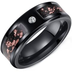 ****COI Black Tungsten Carbide Cubic Zirconia Ring With Meteorite & Rose Gold Foil-02188DD
