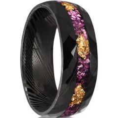 ****COI Black Tungsten Carbide Damascus Faceted Ring With Purple Amethyst & Gold Foil-02236DD