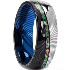 ****COI Tungsten Carbide Black Blue Silver Damascus Ring With Crushed Opal-02238DD