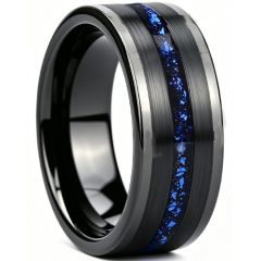****COI Black Tungsten Carbide Ring With Meteorite & Created Blue Sapphire-02261DD