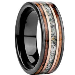 ****COI Tungsten Carbide Black Gold Tone Ring With Deer Antler & Koa Wood-02263DD