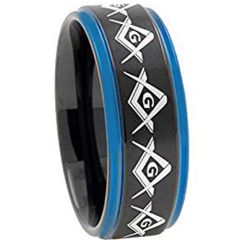 COI Tungsten Carbide Black Blue Masonic Step Edges Ring-TG2741AA