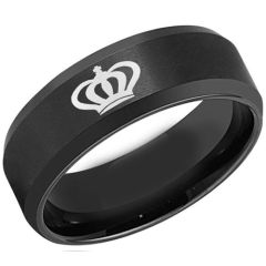 COI Black Tungsten Carbide King Crown Beveled Edges Ring-2999