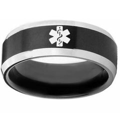 COI Tungsten Carbide Black Silver Medical Alert Ring-TG3218DD