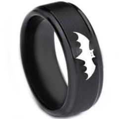 COI Black Tungsten Carbide Bat Man Step Edges Ring-3264