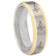 COI Gold Tone Tungsten Carbide Masonic Step Edges Ring-TG3303BB