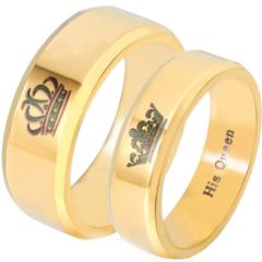 **COI Gold Tone Tungsten Carbide King Queen Crown Beveled Edges Ring-3343