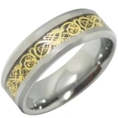 COI Tungsten Carbide Gold Tone Dragon Beveled Edges Ring-TG4310