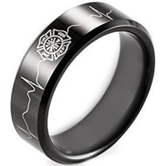 COI Black Tungsten Carbide Firefighter Heartbeat Ring - TG4627