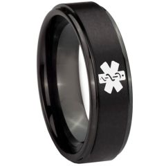 COI Black Tungsten Carbide Medical Alert Step Edges Ring-TG4641