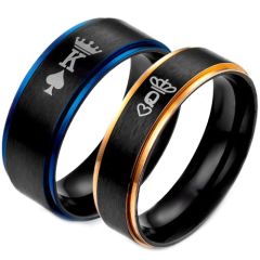 *COI Tungsten Carbide Black Rose/Blue King Queen Crown & Heart Ring-TG5053