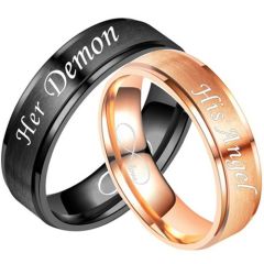 COI Tungsten Carbide Black/Rose Her Demon His Angel Step Edges Ring-5335