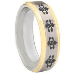 COI Tungsten Carbide Gold Tone Silver Fleur De Lis Step Edges Ring-5452