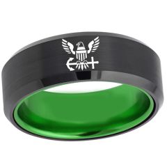 COI Tungsten Carbide Black Green United States Navy Beveled Edges Ring-5456
