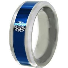 COI Tungsten Carbide Blue Silver Firefighter Beveled Edges Ring-5488