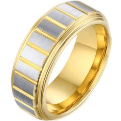 COI Tungsten Carbide Gold Tone Silver Grooves Step Edges Ring-5498