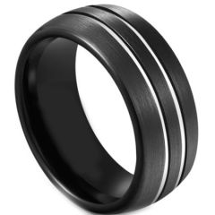 *COI Tungsten Carbide Black Silver Double Grooves Dome Court Ring-5590
