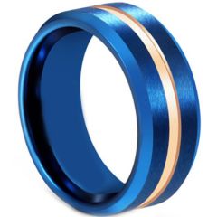 COI Tungsten Carbide Blue Rose Center Groove Beveled Edges Ring-5608