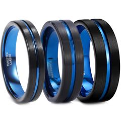 COI Tungsten Carbide Black Blue Center Groove Pipe Cut Flat Ring-5609