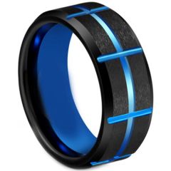 COI Tungsten Carbide Black Blue Grooves Beveled Edges Ring-5613