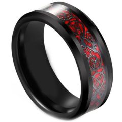 COI Tungsten Carbide Black Red Dragon Beveled Edges Ring-5617