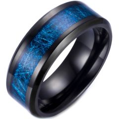 COI Black Tungsten Carbide Blue Meteorite Beveled Edges Ring-5771