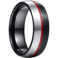 *COI Tungsten Carbide Black Red Silver Center Groove Dome Court Ring-6007