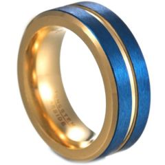 **COI Tungsten Carbide Blue Gold Tone Center Groove Beveled Edges Ring-6836