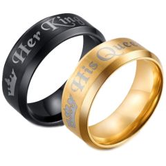 **COI Tungsten Carbide Black/Gold Tone King Queen Crown Beveled Edges Ring-7191BB