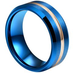 **COI Tungsten Carbide Blue Rose Center Groove Beveled Edges Ring-7320