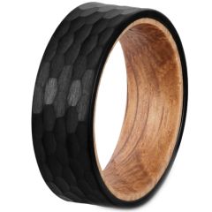 **COI Black Tungsten Carbide Hammered Ring With Wood-7660BB