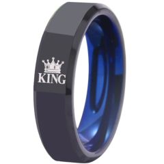 **COI Tungsten Carbide Black Blue King Queen Crown Beveled Edges Ring-7808DD