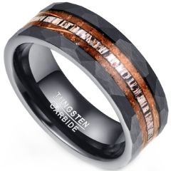 **COI Black Tungsten Carbide Hammered Ring With Deer Antler & Wood-8483CC