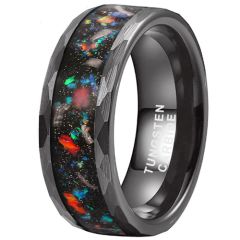 **COI Black Tungsten Carbide Hammered Ring With Crushed Opal & Meteorite-8621DD