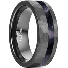 **COI Black Tungsten Carbide Hammered Ring With Blue Meteorite-8764BB