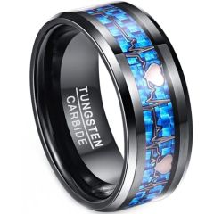 **COI Black Tungsten Carbide Heartbeat & Heart Beveled Edges Ring With Carbon Fiber-8868DD