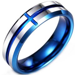 **COI Tungsten Carbide Blue Silver Cross Beveled Edges Ring-9298DD